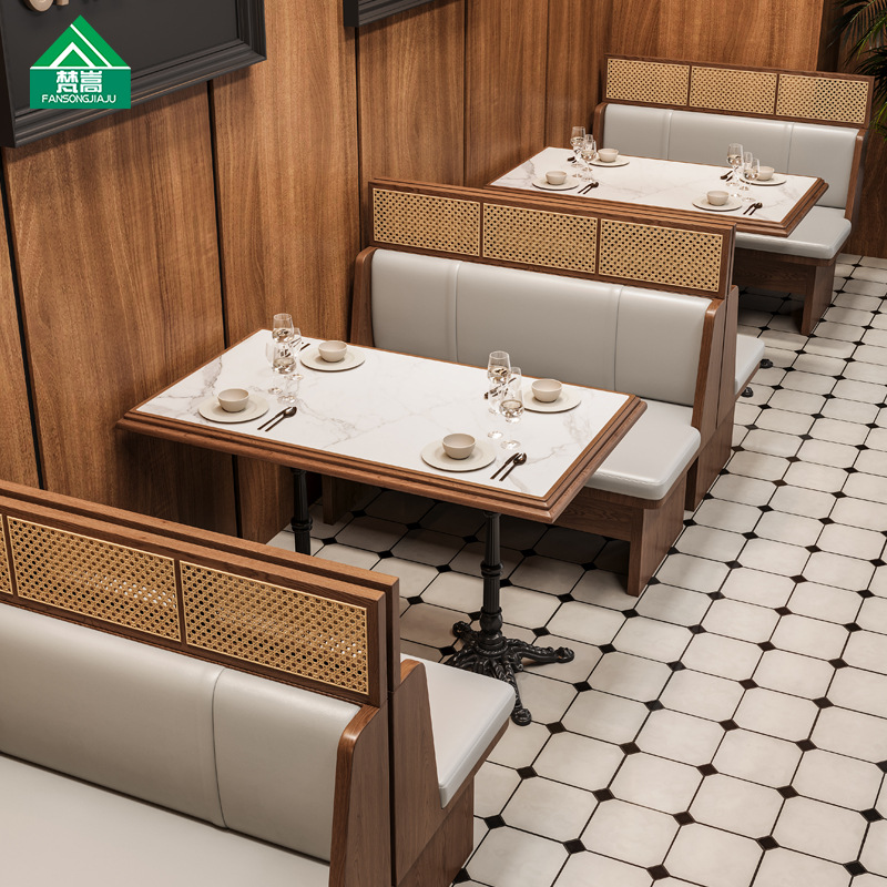 茶餐厅实木藤编卡座泰式主题餐厅西餐厅火锅店桌椅卡座商用