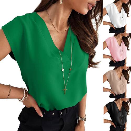 Danedvi Lady's V-Neck Chiffon Blouse - Cap Sleeve (Short