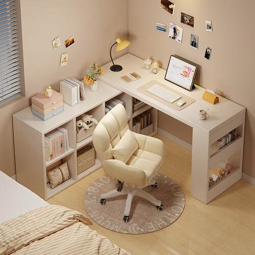 电脑桌转角家用书架一体书桌女生卧室L型学习办公桌可伸缩床尾桌