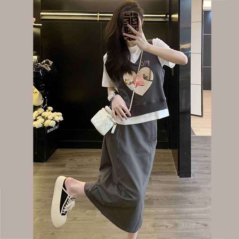 欧洲站假两件短袖时尚套装女2026新款夏季休闲运动风半身裙两件套