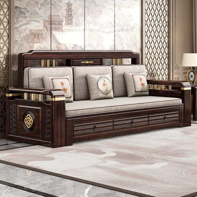 新中式多功能三人伸缩床新款紫金檀木实木折叠两用小户型沙发