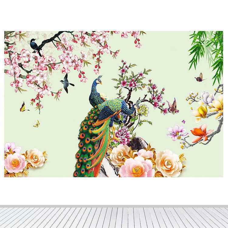 孔雀墙贴壁纸喜鹊小鸟美式田园装饰画客厅背景墙卧室壁画自粘定制