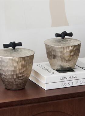 印度轻奢银色线条纹理收纳罐镂空碗轻奢家居桌面装饰盒水果盘摆件