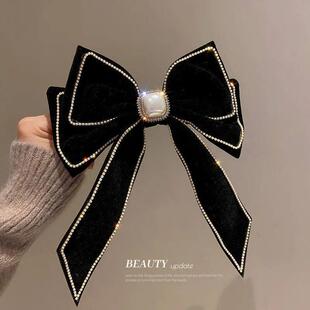 Velvet Inlaid Rhinestone Pearl Bow Hair Clip for Women