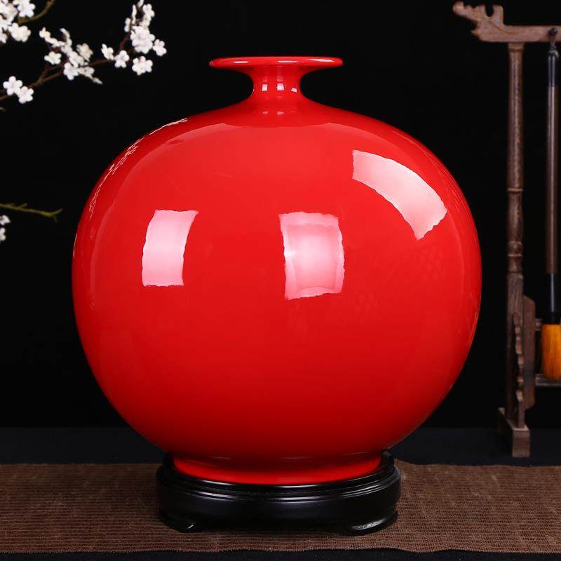 正品德化国红瓷花瓶圆摆件纯红花天地方 陶瓷牡丹家居饰品玄中关