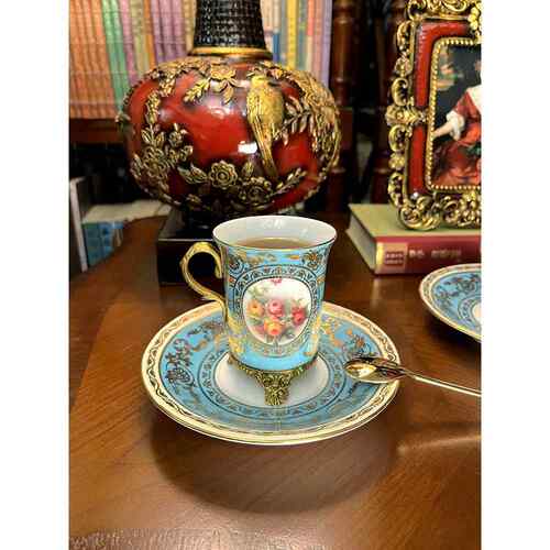 一等品 蓬帕度浅蓝 铜配瓷法式宫廷风咖啡杯英式下午茶杯碟