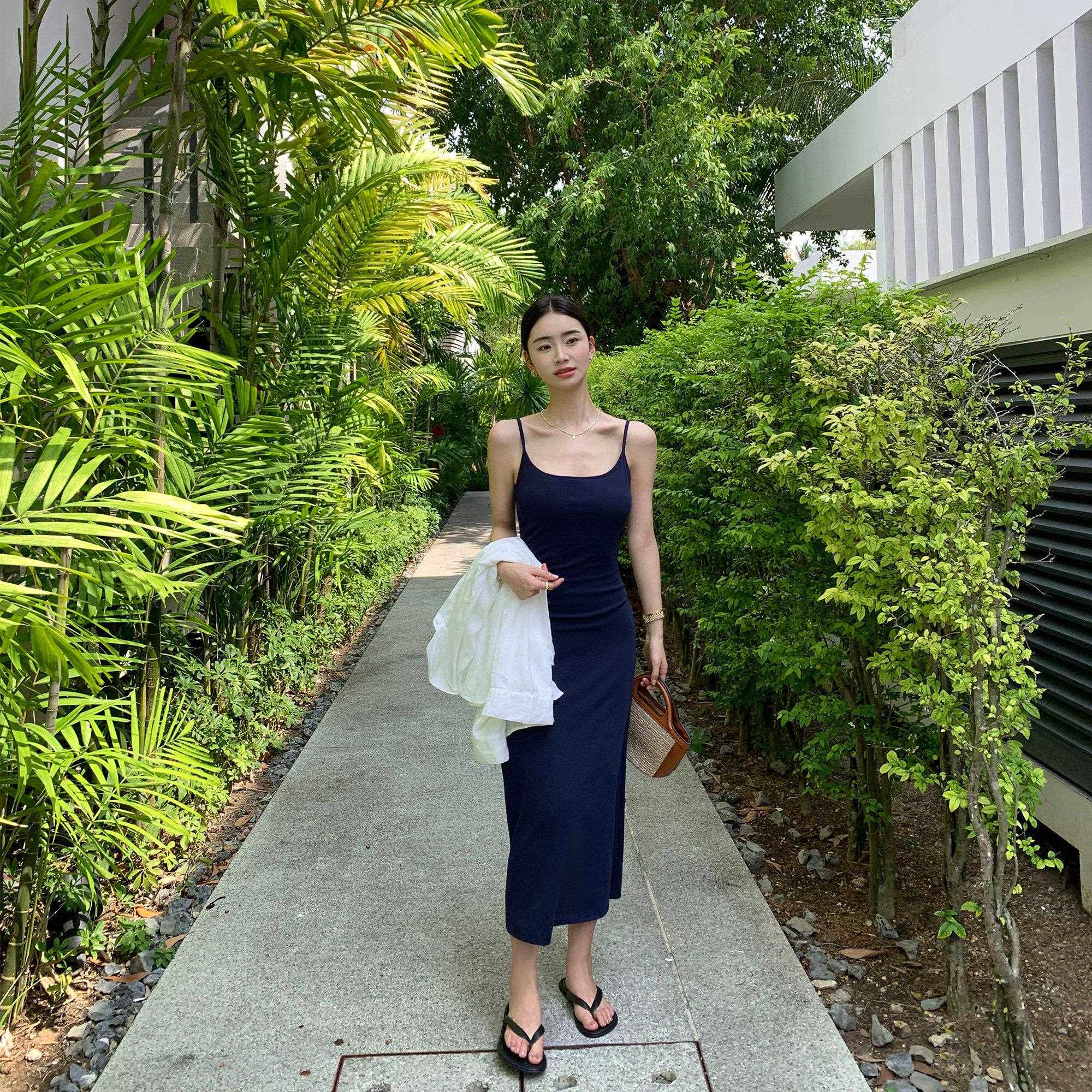 pusumede高级感黑色针织吊带洋装女夏季带胸垫收腰气质内搭长裙