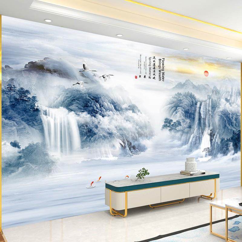 新中国风山水画不干胶墙面贴纸客厅沙发电视背景壁画财富装饰画墙