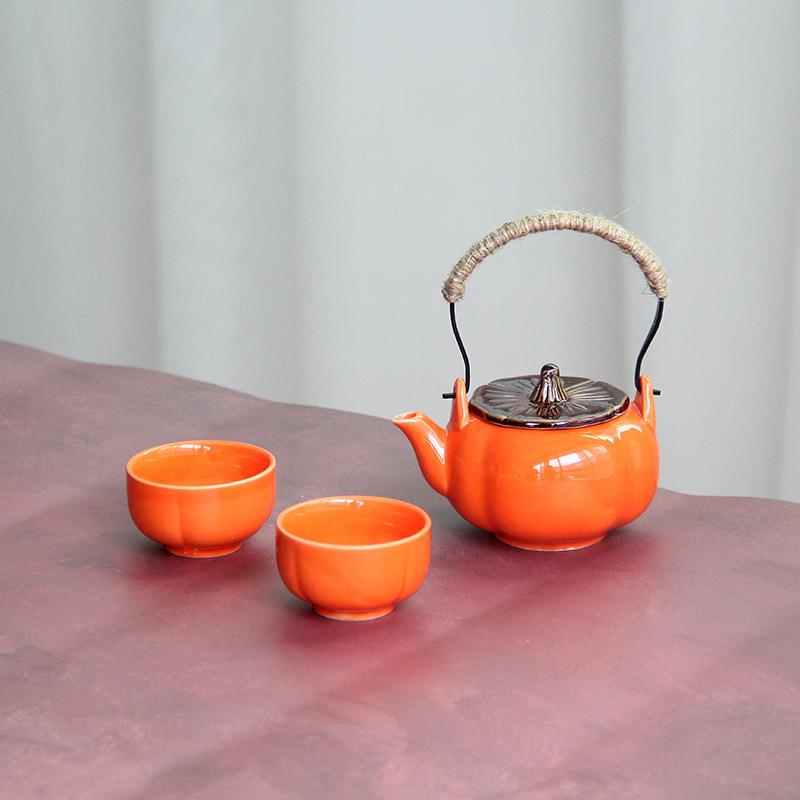 南瓜提梁壶功夫茶具套装一壶两杯茶壶茶杯陶瓷泡茶器简约色釉茶具