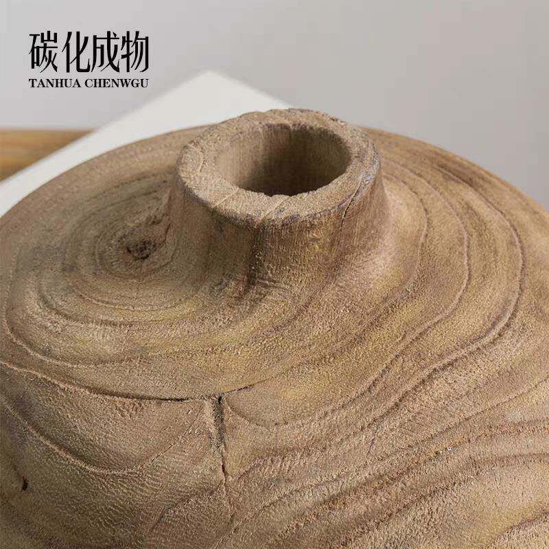 木制圆形泡桐木花插手工做旧民宿客厅花瓶木质侘寂风摆件