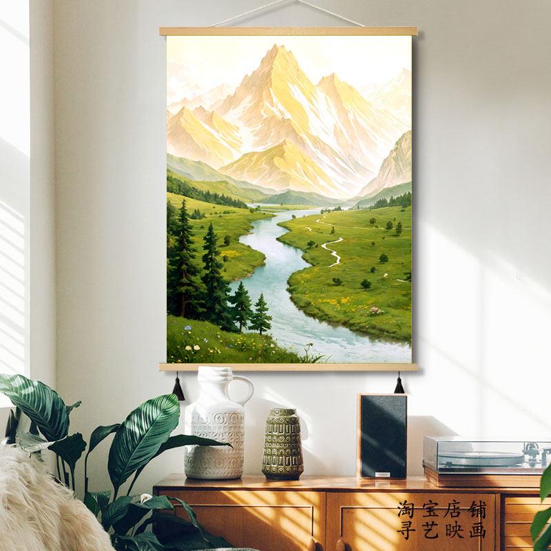 奶油风日照金山入户玄关装饰画聚宝盆过道风景油画山水画布艺挂画