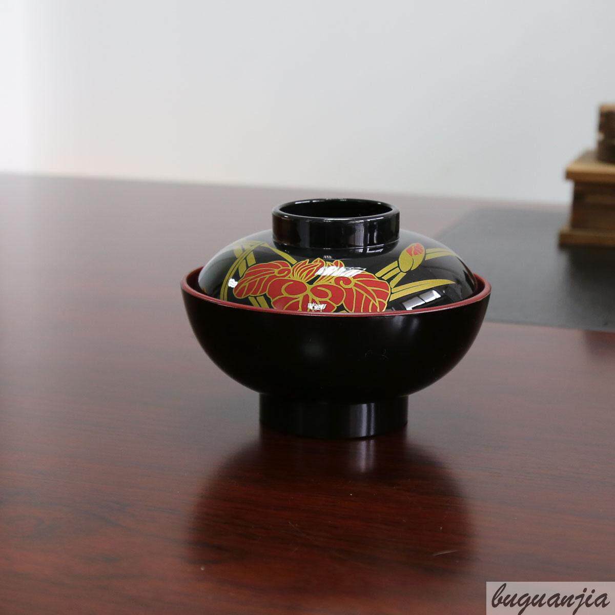 日式味噌汤碗 外花色内红小汤碗 带盖点心碗