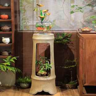 新中式 饰仿古花盆底座 招财流水摆件禅意展示柱室内客厅茶室庭院装
