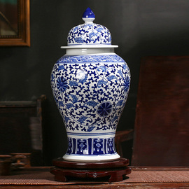 景德镇陶瓷器仿古青花瓷将军罐陶瓷摆件大号储物罐中式家居装饰品
