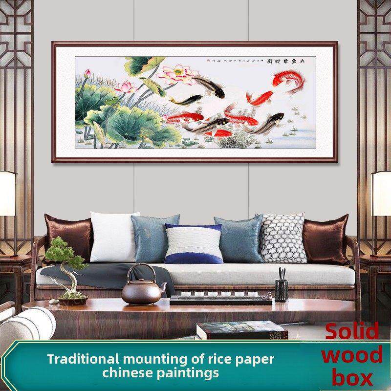 九鱼画、客厅挂画、荷花年年聚财、新中国风沙发背景墙装饰画、餐