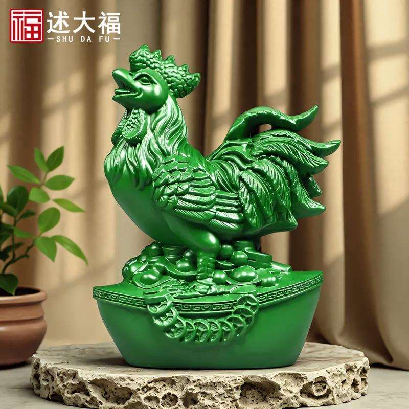 绿色实木雕刻鸡摆件纯木头十二生肖公鸡客厅补角电视柜装饰工艺品