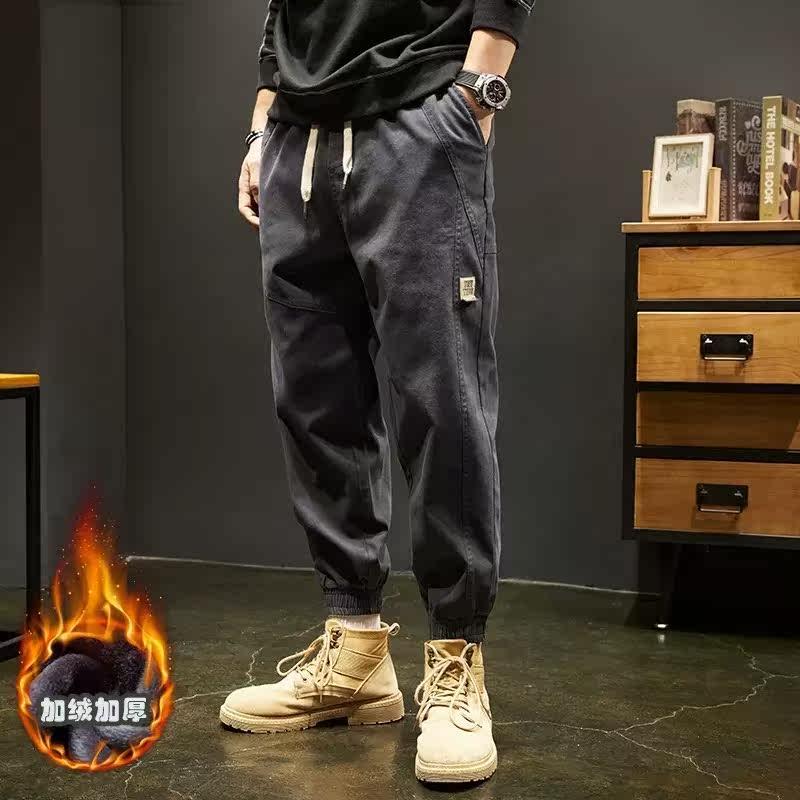 潮牌代购秋季黑色休闲裤男潮牌宽松大码小脚哈伦束脚工装加绒长裤
