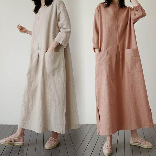 Cotton and linen medium long dress for women, with a large