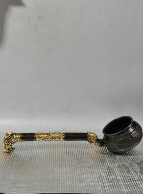 古玩收藏铜鎏金龙头勺刻纹精美形制端正铜勺水勺复古