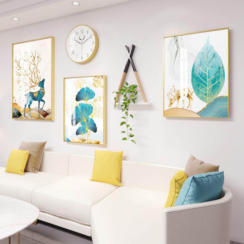 新中式客厅3框晶瓷铝合金装饰画钟表组合财鹿挂画卧室墙面饰品