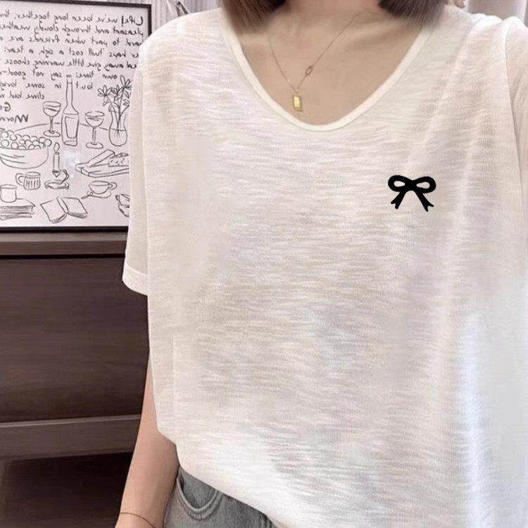 欧洲站竹节棉短袖T恤女2026新款夏季薄款宽松休闲透气V领棉质上衣