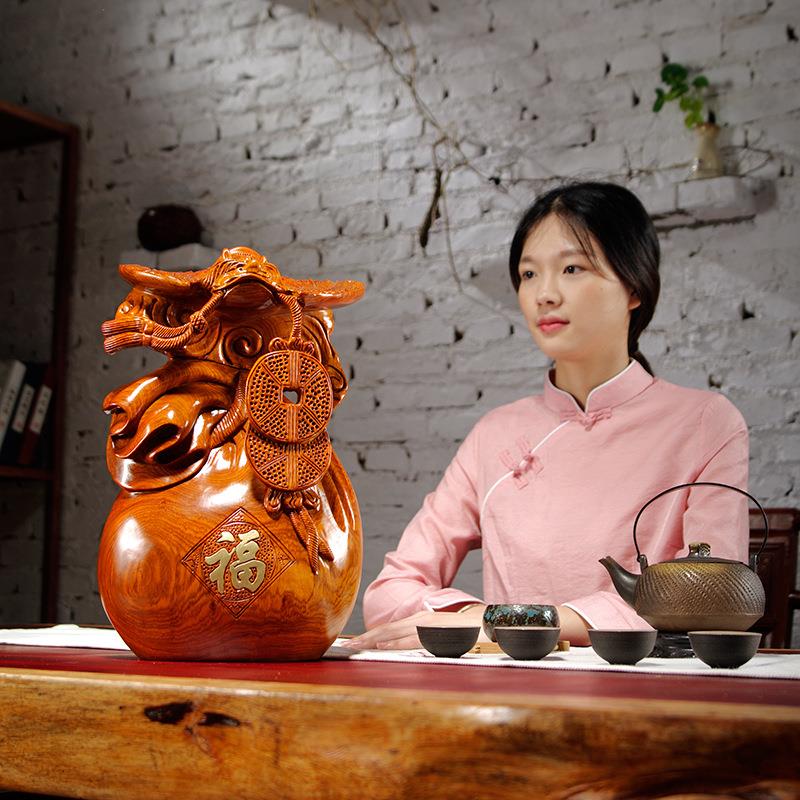 花梨木雕刻福袋铜钱摆件蝙蝠纳福家居客厅玄关酒柜装饰工艺品送礼