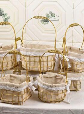 新款直销铁艺布衬篮子藤编柳编草编小篮子野餐手提编织框篮插花竹