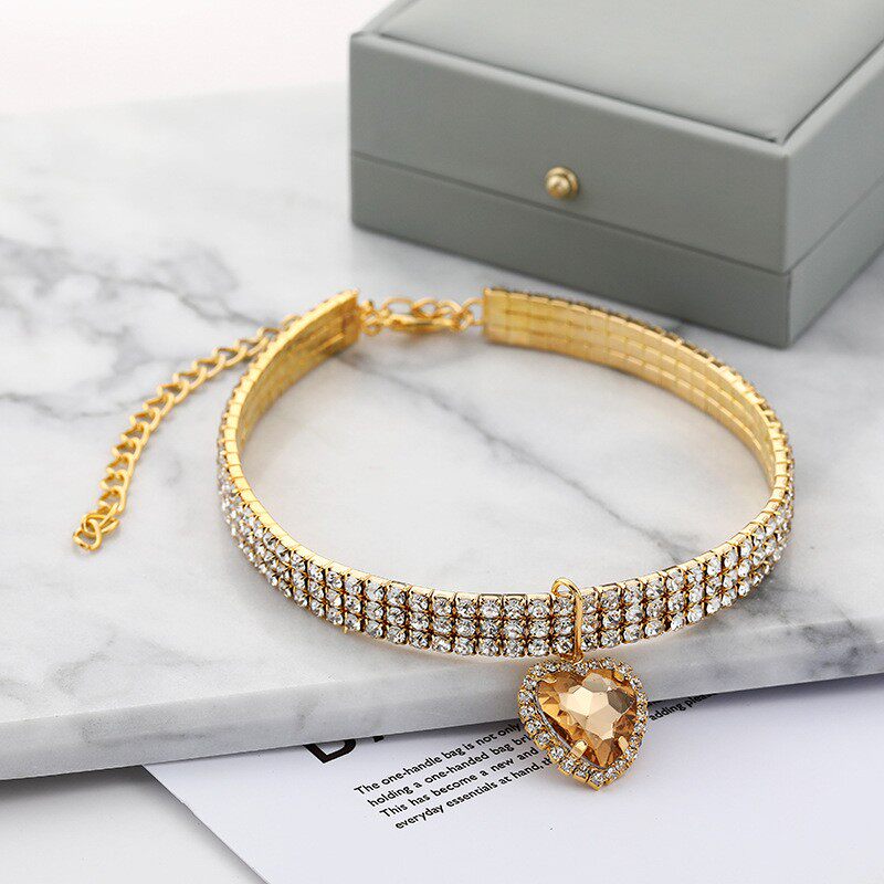 三排镶钻莱茵石宠物项圈 爱心彩色吊坠 弹力猫狗项链饰品跨境直供