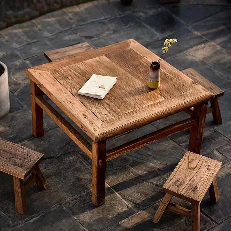 老泡全套中式茶几正方形茶仿古复古榆木桌椅实木台新禅意茶桌茶桌