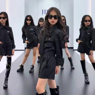 儿童模特走秀训练服班服校服2025春秋新款长袖衬衫套装女童形体服