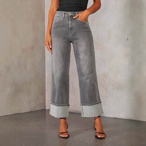 Stretch straight leg jeans, women's rolled edge high