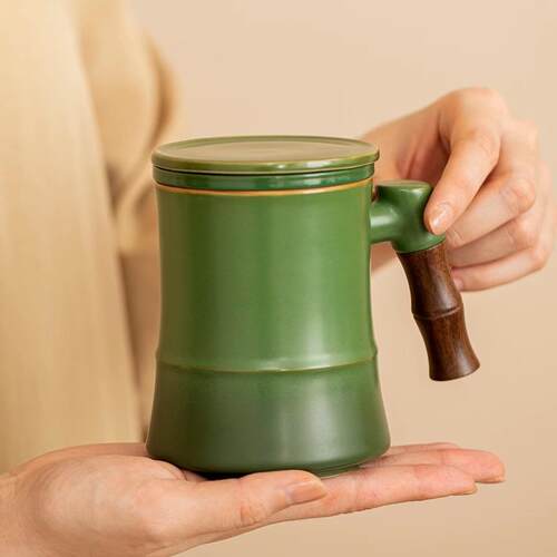 陶瓷竹节办公泡茶杯茶水分离马克杯带盖个人专用过滤喝茶杯子