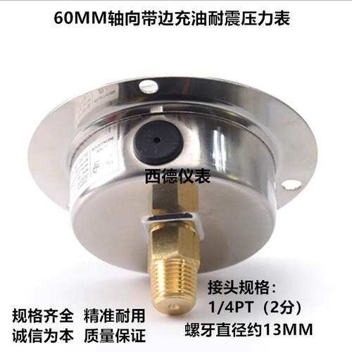 60MM轴向带边充油耐震压力表 YN60ZT防震压力表 6bar 10bar 16bar