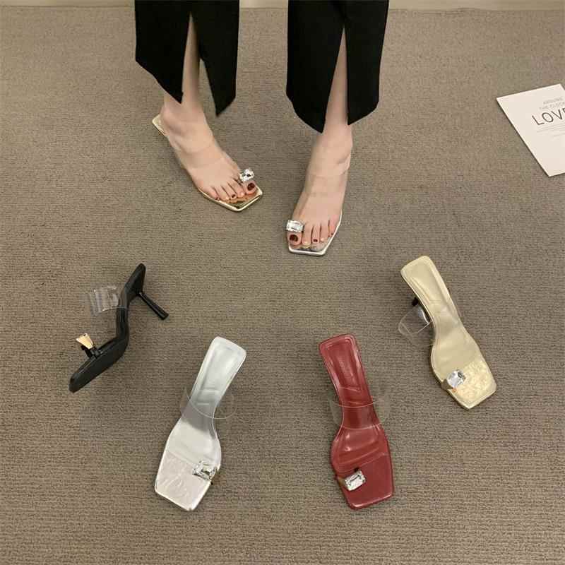潮牌仙女风水钻外穿拖鞋女2025夏季新款小众高跟鞋方头套趾凉拖鞋