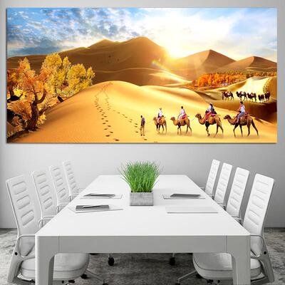 沙漠胡杨风景贴画酒店饭店装饰带框挂画金色戈壁沙丘驼队客厅墙贴