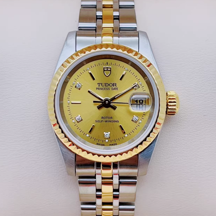 经典款9.8新 帝舵公主系列精钢18K金自动机械表25MM钻石女表92413