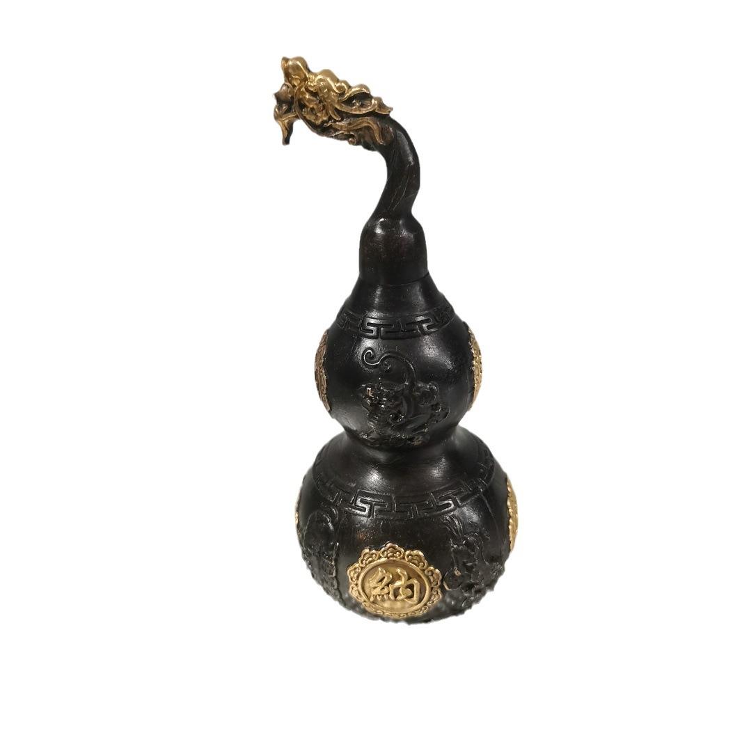 古玩杂项铜器鎏金龙头葫芦进宝纳福铜葫芦家居工艺摆件