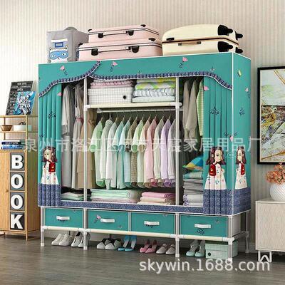 柜带抽屉简易衣布艺隔层大号布衣柜钢5管加粗加固双人S683S683/S6