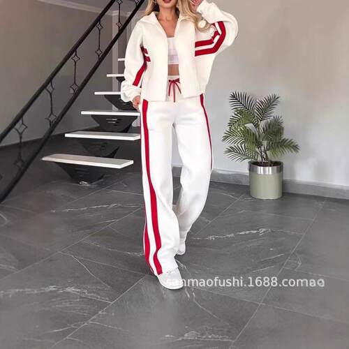 Striped zipper top, outerwear, sports suit for women