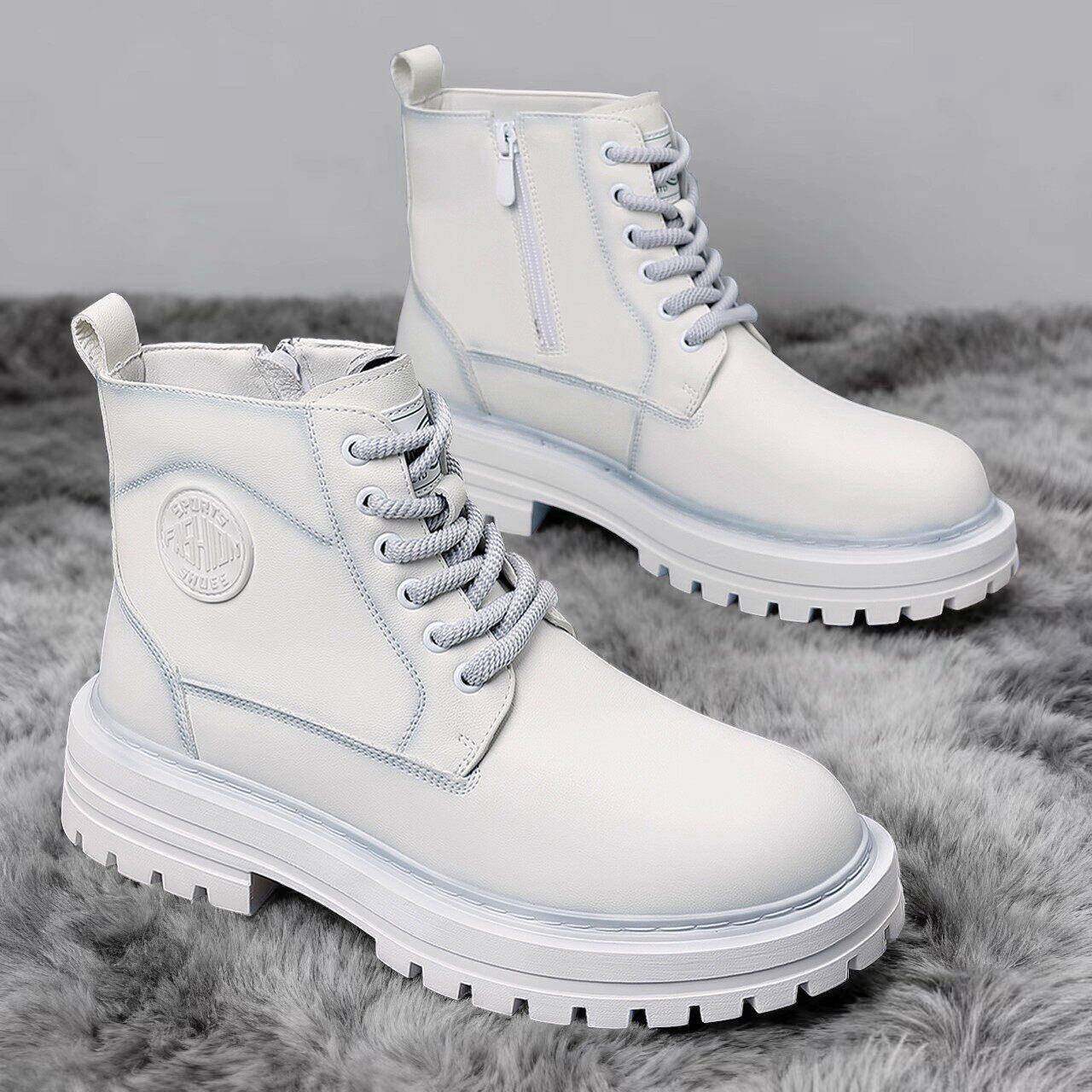 内增高马丁靴男款冬季加绒厚底大棉鞋真皮面高帮保暖白色雪地靴子
