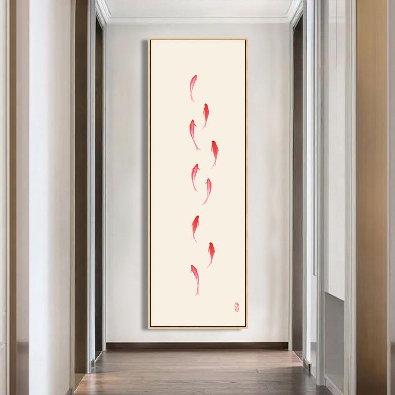 新中式客厅沙发背景墙装饰画墙壁挂画横版九条鱼壁画九鱼图玄关画