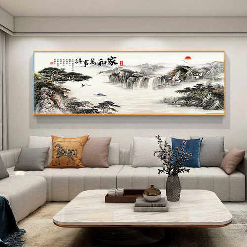 客厅挂画新中式聚宝盆靠山山水画办公室酒店样板间沙发背景墙画