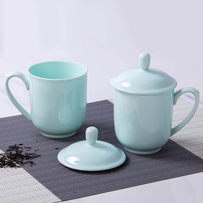 景德镇青瓷简约杯子商务会议杯办公杯陶瓷骨瓷泡茶杯创意带盖水杯