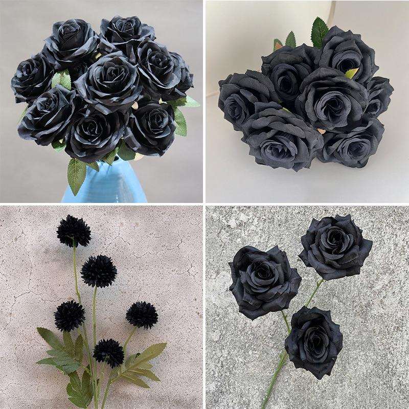 黑色系列仿真花婚庆布置插花黑色假花婚礼堂舞台装饰摆件摄影道具