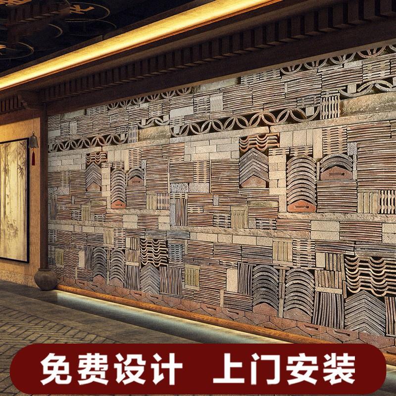 青砖绿瓦古风瓦片墙面墙贴复古中式元素饭厅背景墙装饰画定制壁画