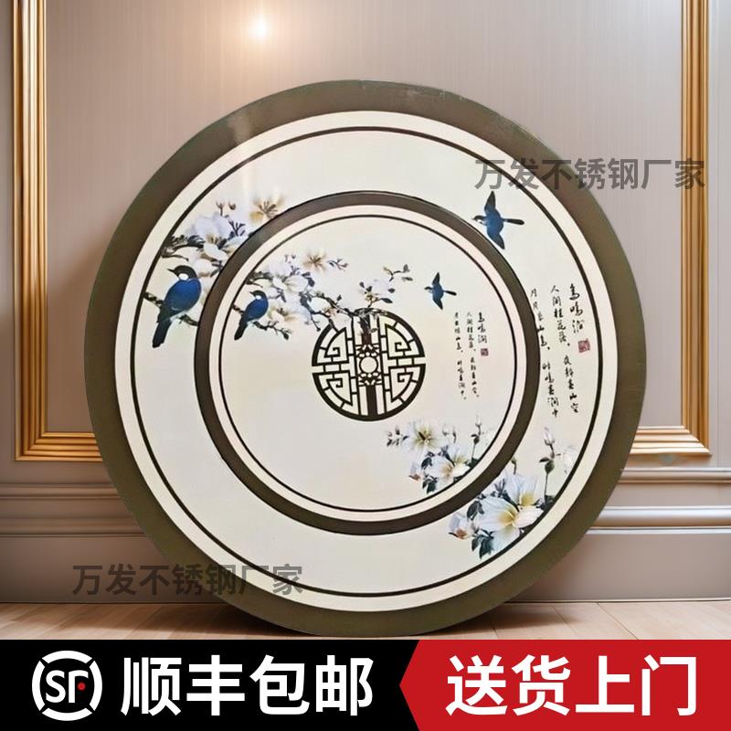 特厚304彩色不锈钢内置转盘可折叠圆桌子免安装可商用酒席大圆桌