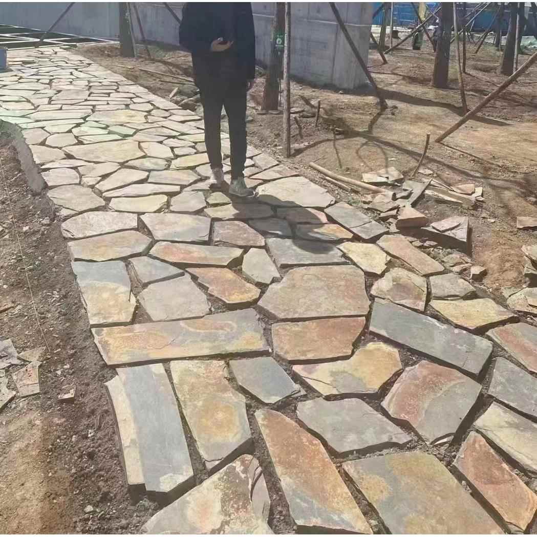 锈色石板石不规则碎拼片青板岩化户外墙砖仿古文石园林铺路78地铺