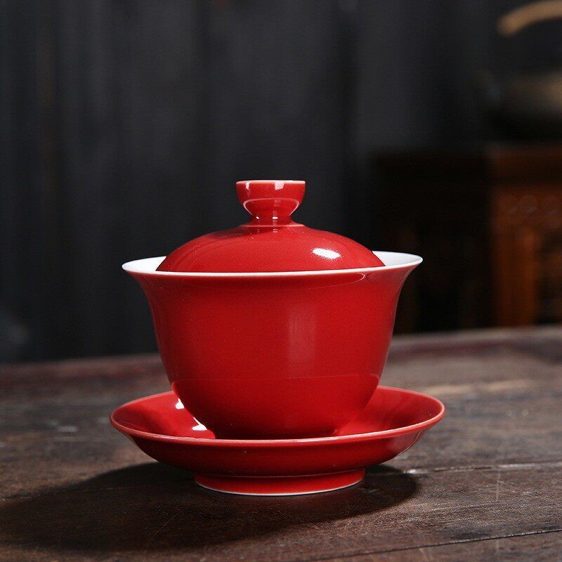 陶瓷盖碗功夫茶具大号三才茶碗色釉胭脂红色敬茶杯敬茶碗商务礼品
