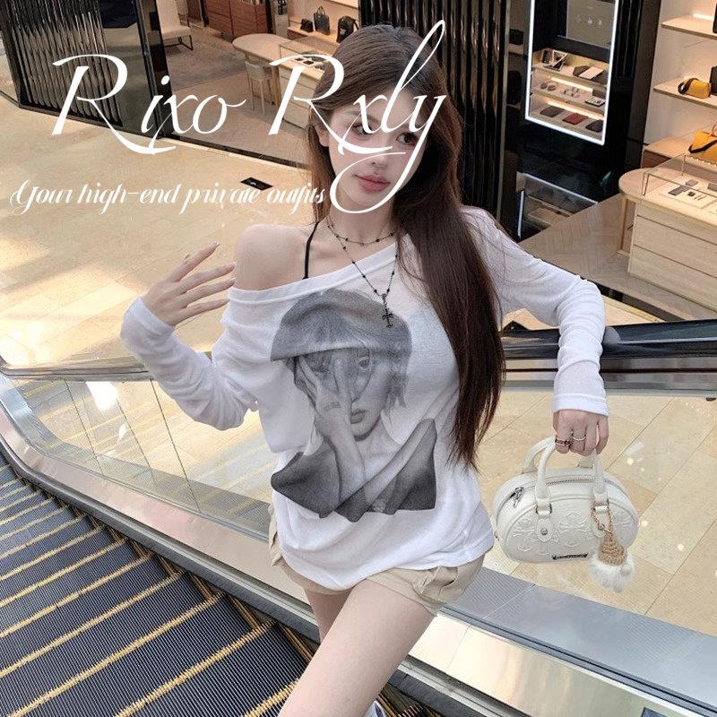 RIXO RXLY复古人像印花斜肩长袖T恤女春夏季小众设计感露肩上衣