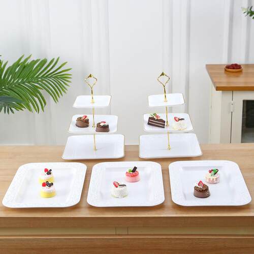 欧式3层水果盘婚礼蛋糕架下午茶甜品台摆件塑料干果盘金边蛋糕盘